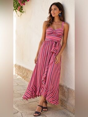 Maeve Anthropologie Gabriela Stripe Maxi Dress Women’s XS Pink Combo Ruffle Belt